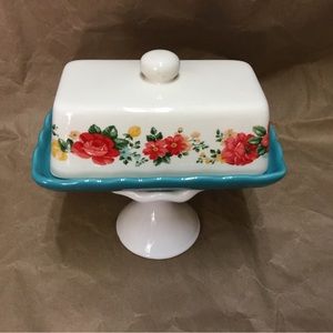 Pioneer Women Butter Dish Floral Teal Blue